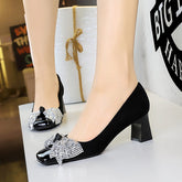 Sequined Bow Square Toe Low Cut Wind Heel Shoes Suede Chunky Heel Professional Office Shoes